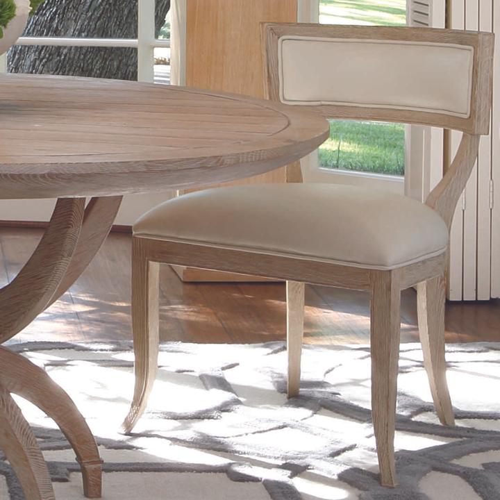 Klismos Upholstered Leather Dining Side Chair in Sandblasted Oak and Beige
