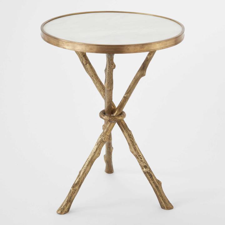 Twig Round End Table with White Marble Top and Brass Frame
