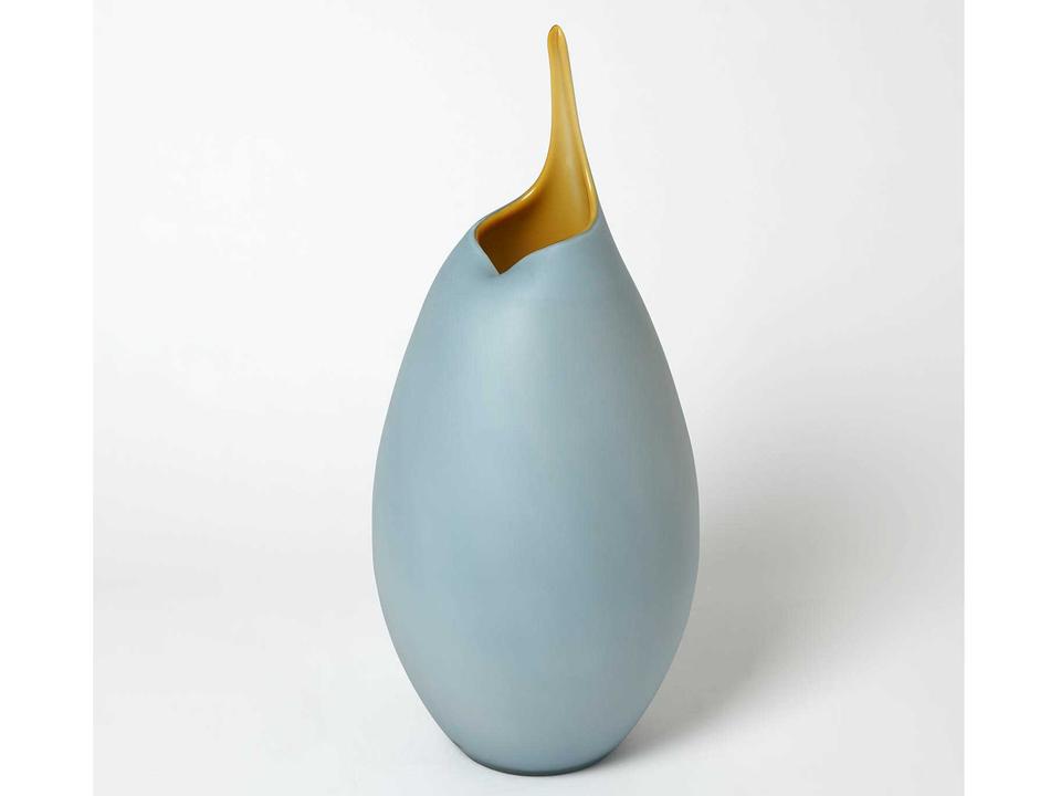 Frosted Blue Large Cased Glass Vase with Amber Casing