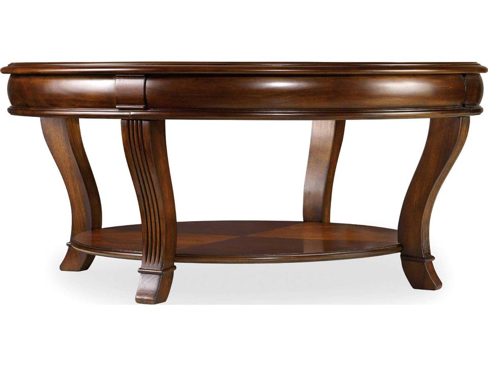 Brookhaven Round Cocktail Table in Distressed Cherry with Glass Top
