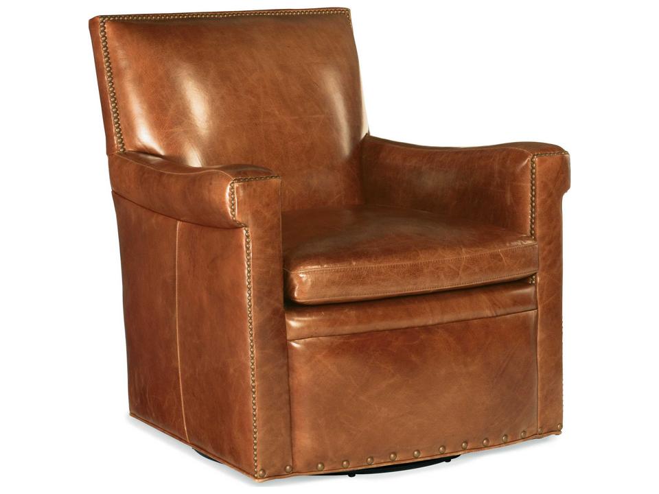 Jilian Swivel Leather Club Chair in Brown with Nailhead Trim