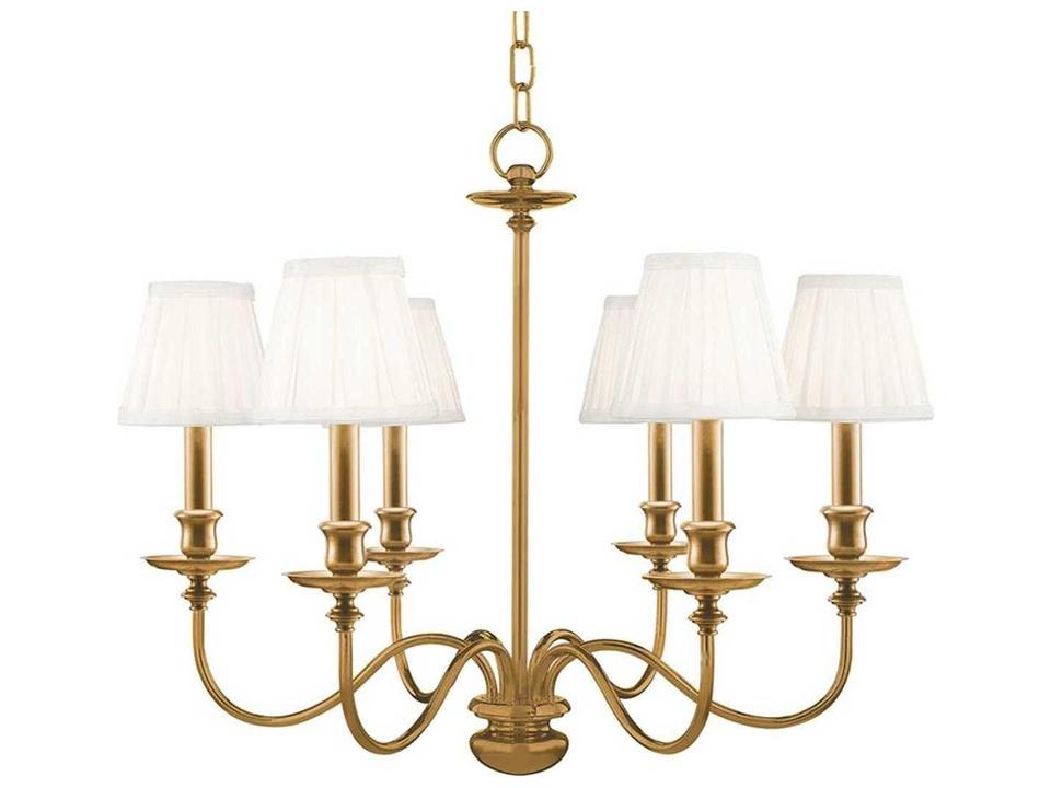 Menlo Park 6-Light Chandelier in Aged Brass with Off-White Faux Silk Shades