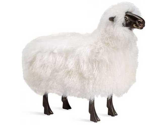 Phillippe Sheep Sculpture Accent Stool Antique Bronze Sheepskin