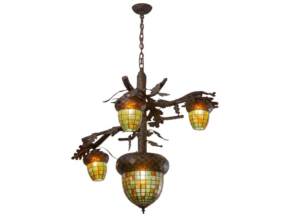 Acorn 3-Light Tiffany Bell Chandelier in Ruby Amber Green Glass with Rococco Finish