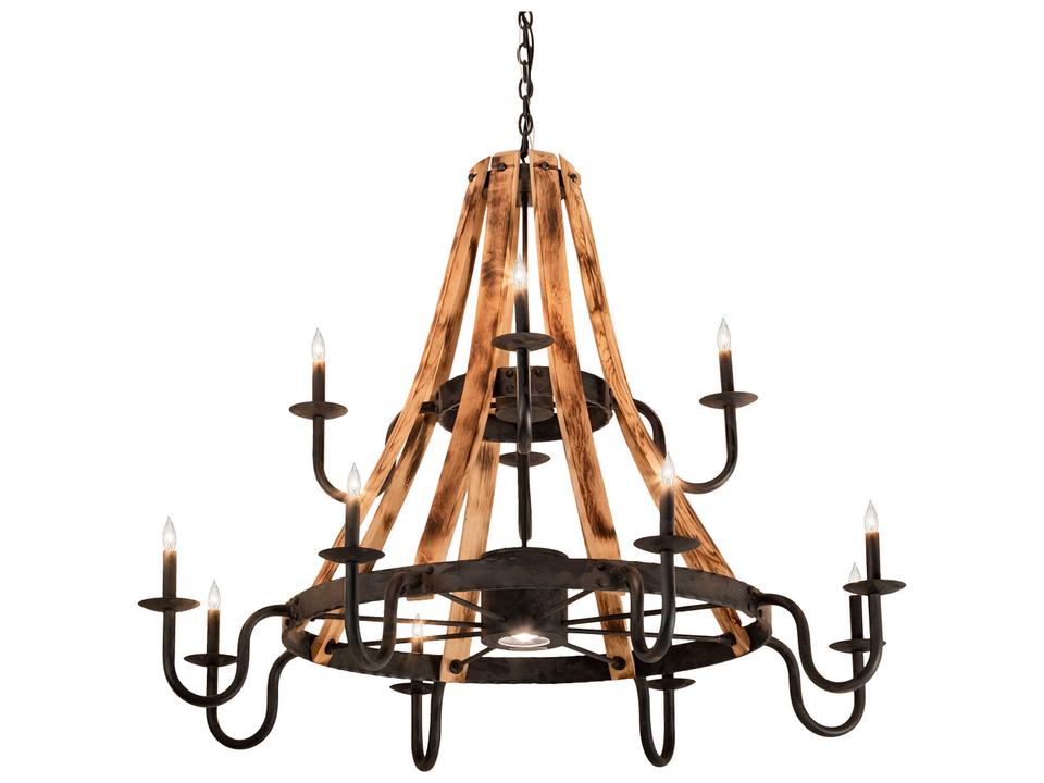 Barrel Stave 12-Light Candelabra Tiered Chandelier in Natural Wood and Black