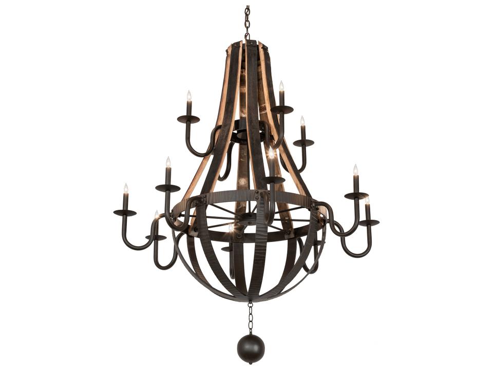 Barrel Stave 12-Light Natural Wood Tiered Chandelier in Oil Rubbed Bronze