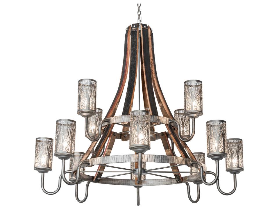 12-Light Barrel Stave Chandelier Industrial Steel and Natural Wood