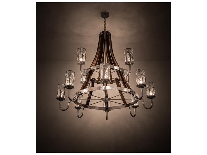 12-Light Barrel Stave Chandelier in Brushed Nickel and Natural Wood Brown