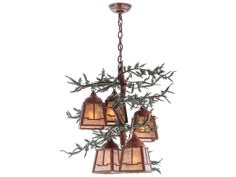 Pine Branch Valley View 5-Light Chandelier in Rust and Green with Mica Shades