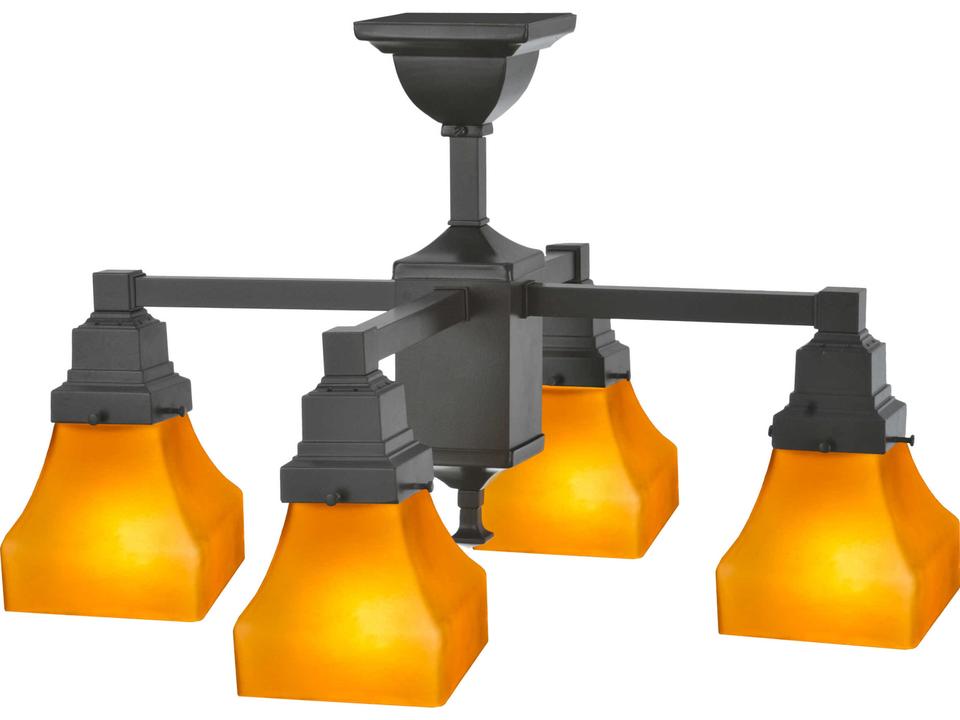 Mission 4-Light Yellow Glass Lantern Chandelier in Craftsman Brown with Tiffany Glass