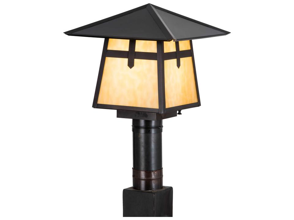 Stillwater Cross Mission 1-Light Outdoor Post Light in Craftsman Brown with Beige Glass