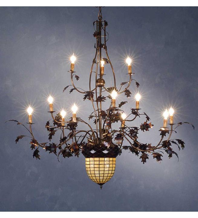 Greenbriar Oak 14-Light Tiffany Candelabra Chandelier Antique Copper