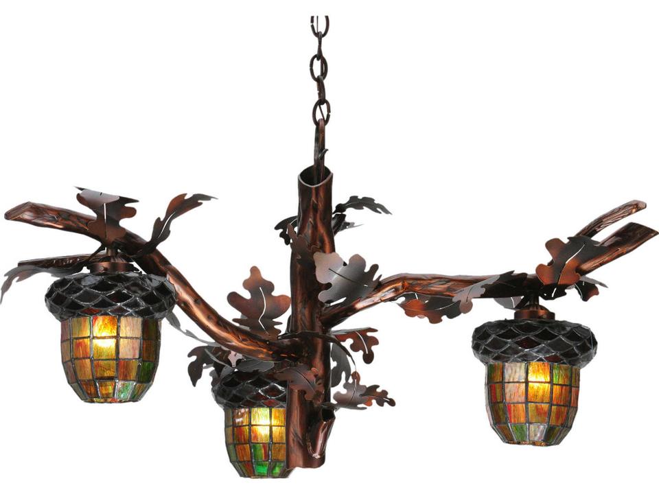 Acorn Branch 3-Light Grand Chandelier with Stained Glass in Burnished Copper