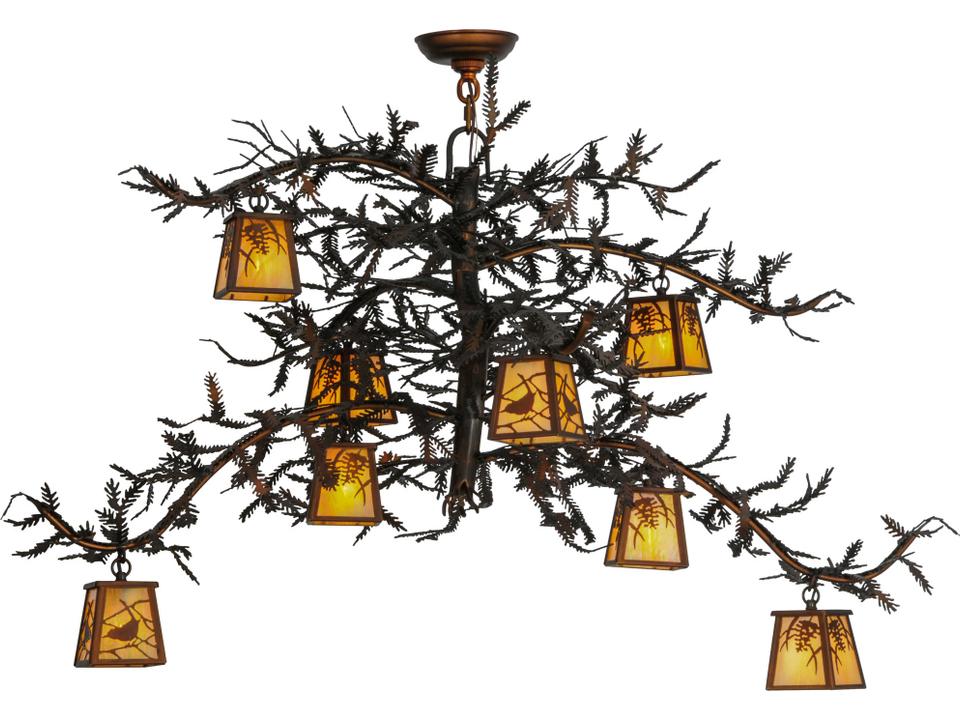 Pine Branch 8-Light Rustic Chandelier in Copper Finish with Art Glass