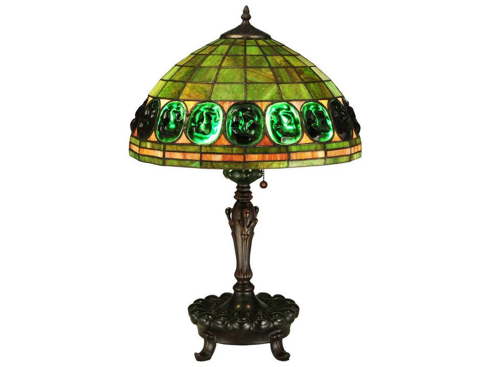 Tiffany Turtleback 2-Light Table Lamp in Green Bronze with Stained Glass Shade