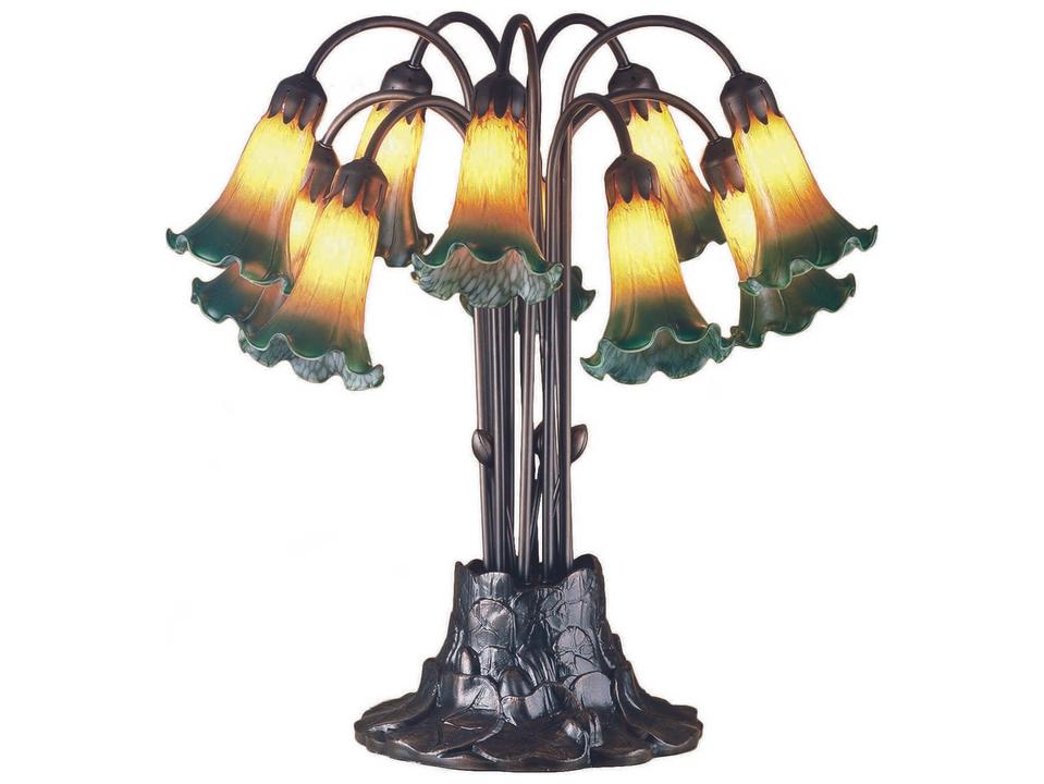 Tiffany Pond Lily 10-Light Table Lamp with Amber Green Glass Shade