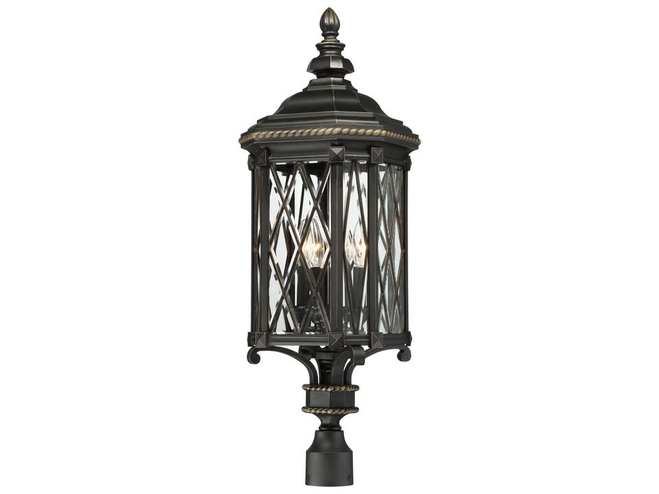 Bexley Manor 4-Light Outdoor Post Mount in Coal with Gold Highlights