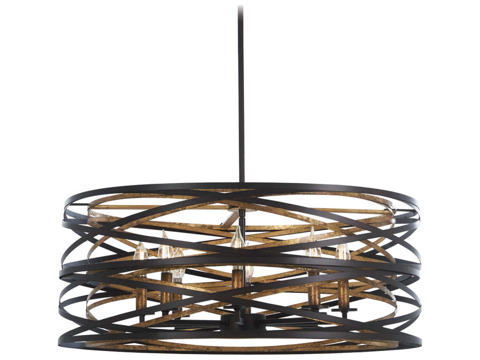 Vortic Flow 8-Light Drum Pendant Light in Dark Bronze with Mosaic Gold Interior