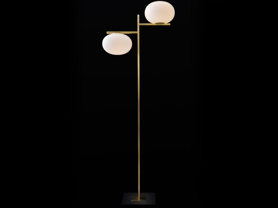 Alba 2-Light Floor Lamp in Satin Brass and Opaline Gray Glass by Mariana Pellegrino Soto