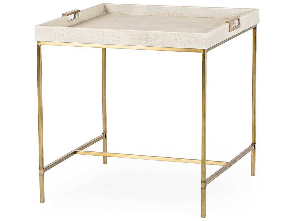 Lexi Square Faux Leather Ivory Shagreen with Stain Brass End Table