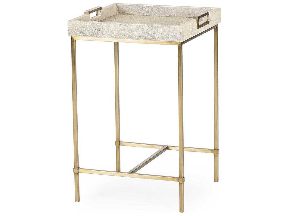 Lexi Square Faux Leather End Table in Ivory Shagreen with Stain Brass