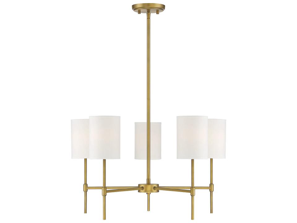 Meridian 5-Light Chandelier in Natural Brass with White Fabric Shades