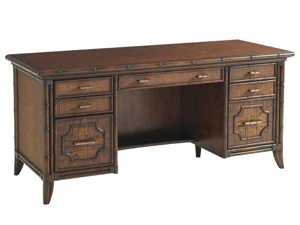 Bal Harbour Isle Of Palms Credenza with Rattan Trim and Power Station in Tobacco Brown