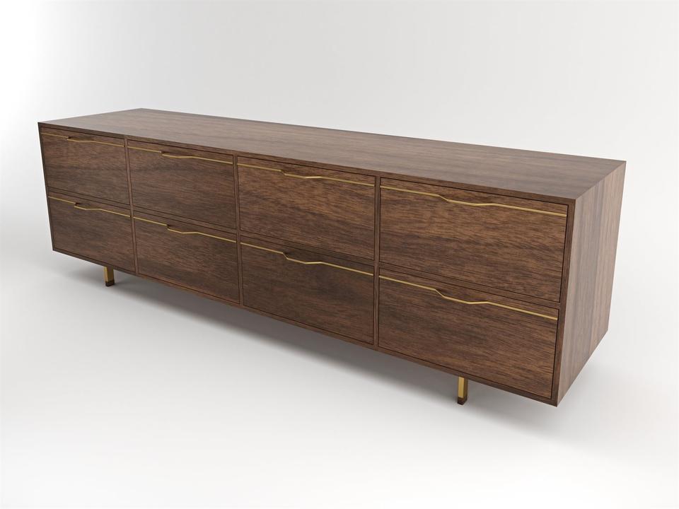 Chapman Storage Long 8-Drawer Double Dresser in Walnut Wood and Brassy Gold