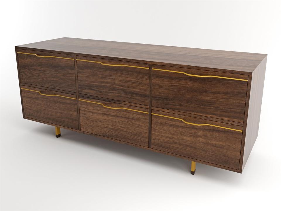 Chapman Storage 6-Drawer Triple Dresser Walnut Wood with Mustard Hardware