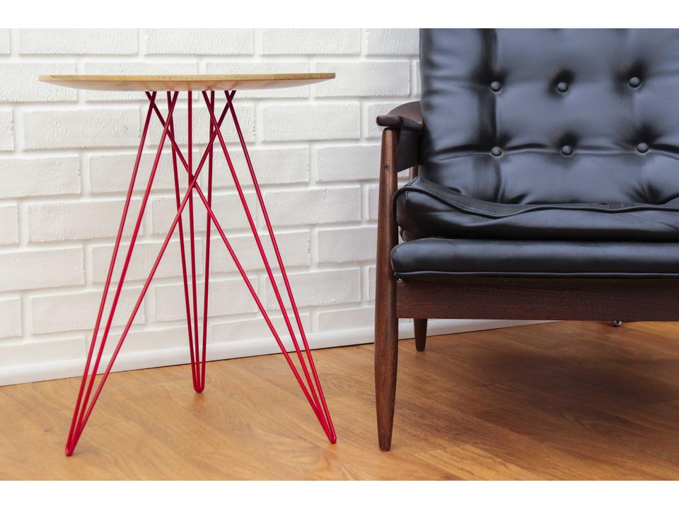 Hudson Round End Table in Maple with Red Steel Base