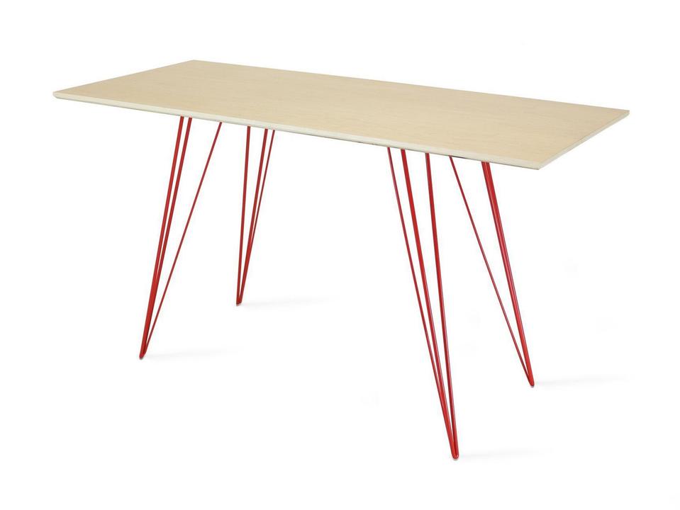 Williams Computer Desk in Maple with Red Powder-Coated Steel Hairpin Legs