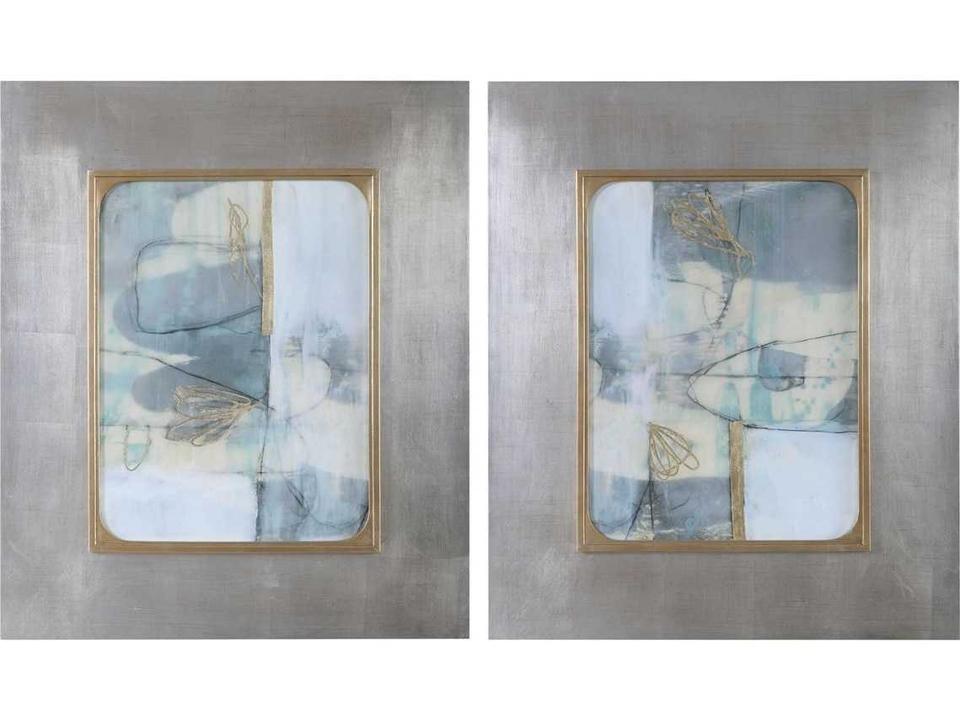 Gilded Whimsy Abstract Wall Art Set of 2 with Silver and Gold Leaf Frames