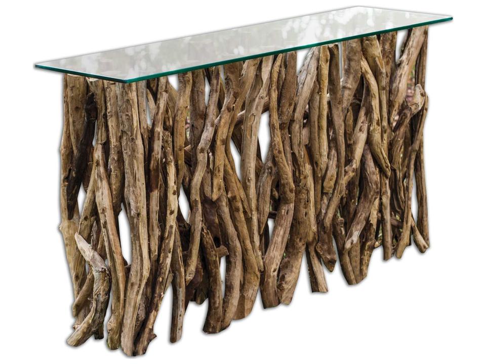 Teak Wood Console Table with Clear Glass Top in Natural Finish