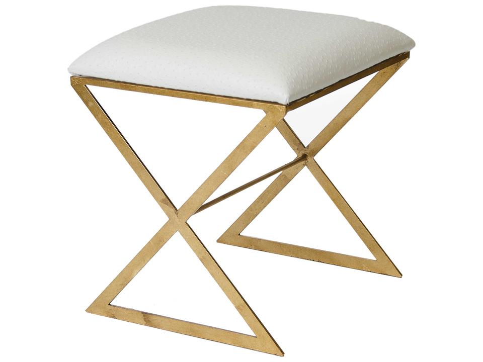 X-Side Gold Leaf Stool with Cream Faux Ostrich Upholstery