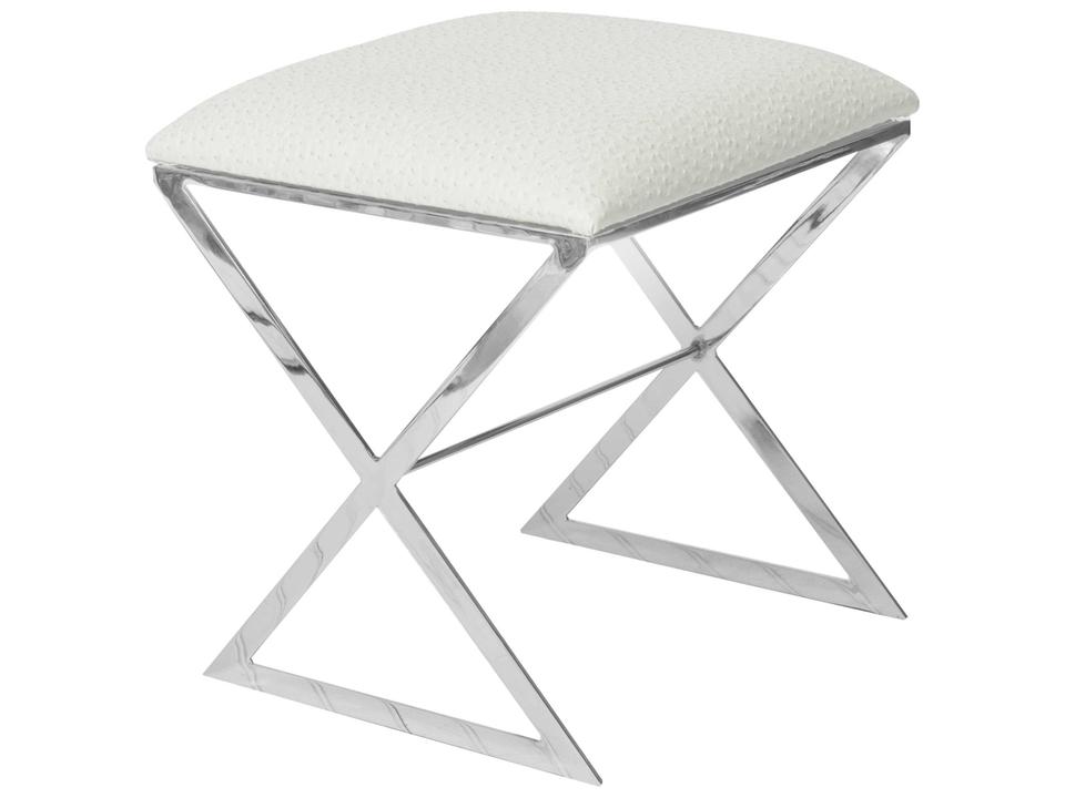 X-Side Collection Accent Stool with Polished Nickel Frame and Cream Faux Ostrich Upholstery
