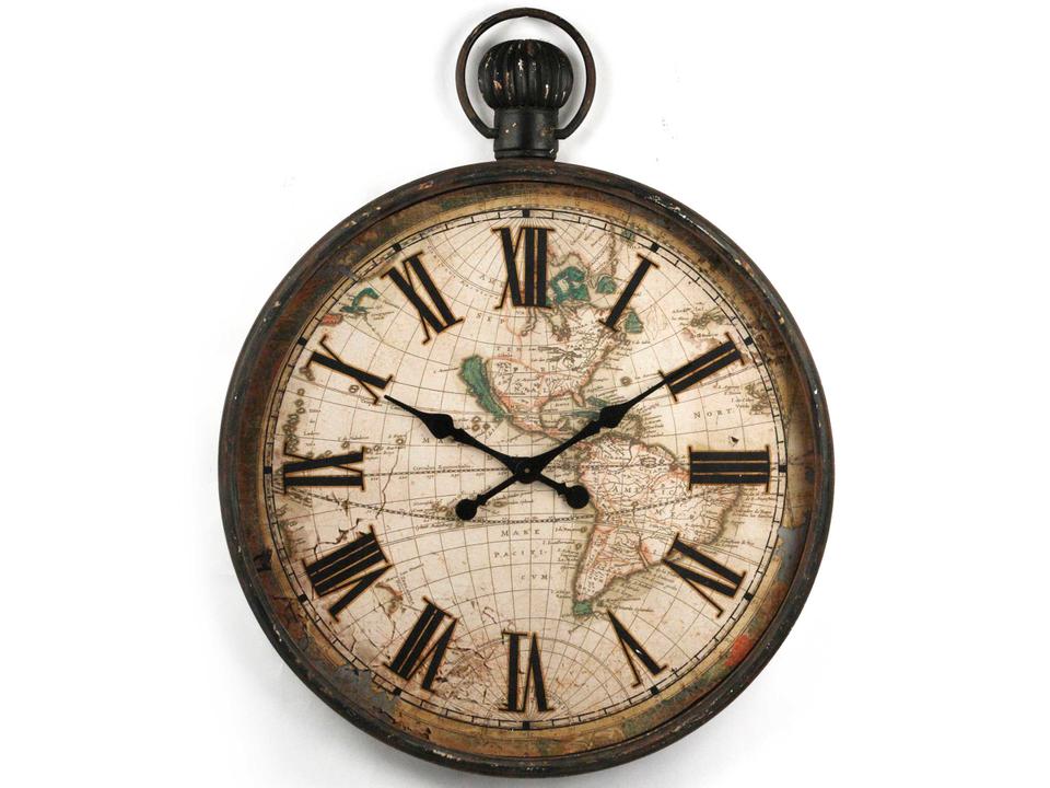 Rustic World Iron Wall Clock with Vintage Map Face Antique Grey