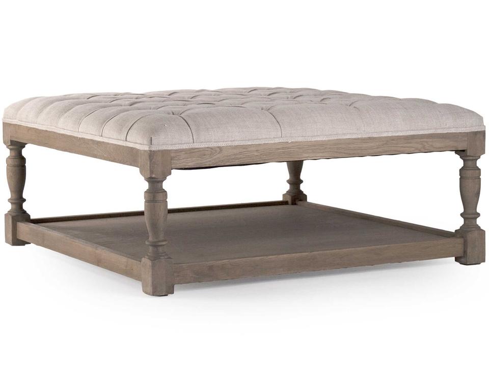 Square Collection Tufted Cream Natural Linen Ottoman