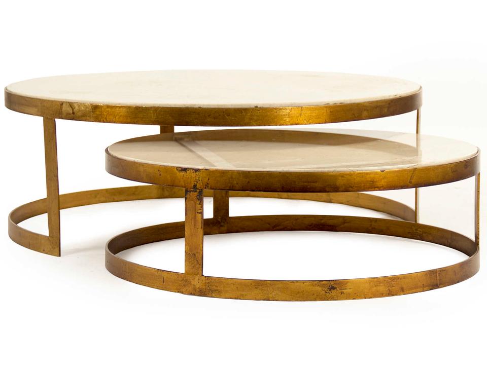 Fae Round Nesting Coffee Table Set Gold Leaf Metal Cream Marble