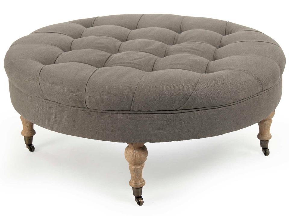 Maison Tufted Round Ottoman in Grey Linen with Limed Grey Oak Legs