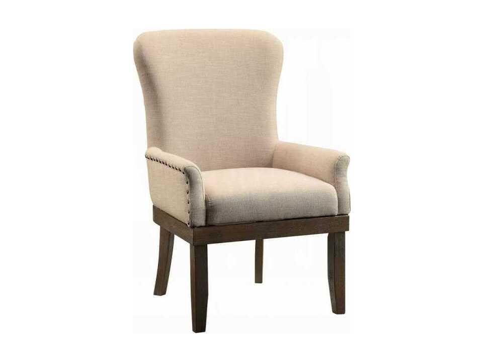 Landon Upholstered Wingback Dining Armchair in Beige Linen and Salvage Brown