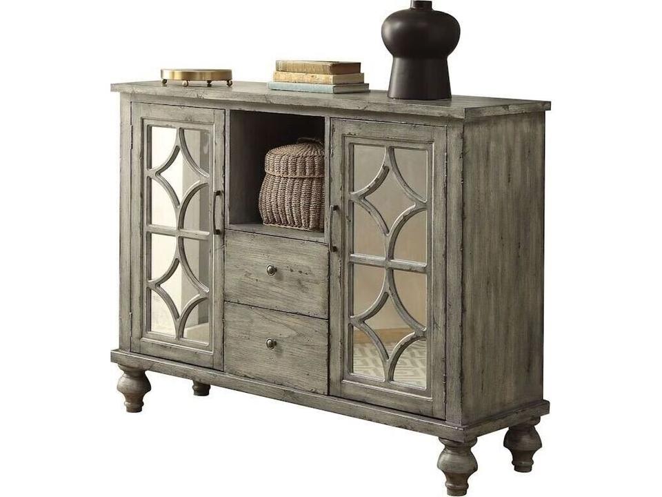 Velika Wood Console Table with Mirrored Diamond Inlay in Weathered Gray