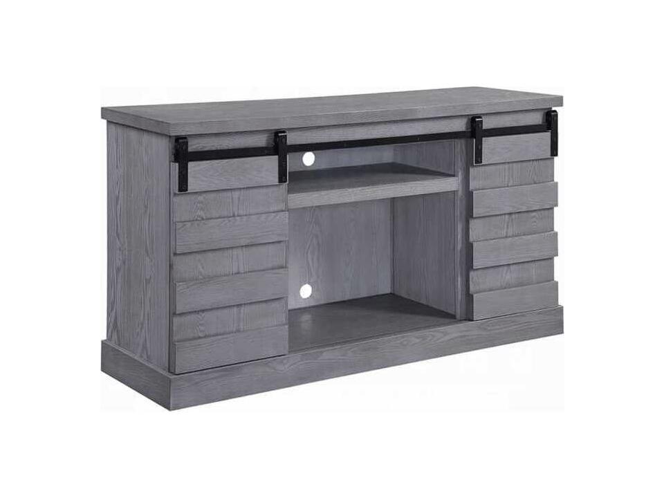 Amrita Farmhouse TV Stand with Electric Fireplace in Gray Oak
