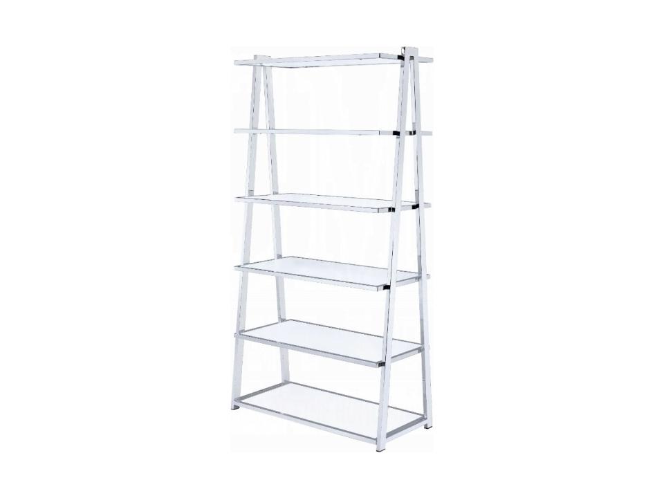 Coleen 6-Tier Leaning Bookcase in White High Gloss and Chrome
