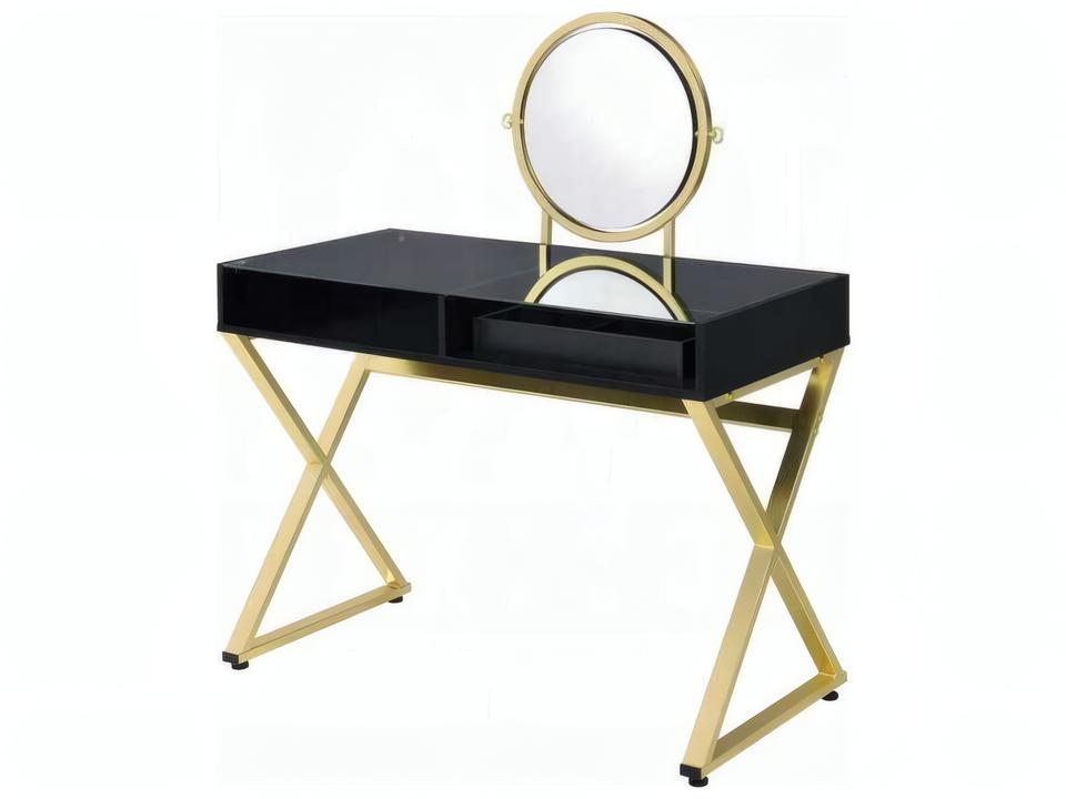Coleen Vanity Desk with Mirror and Jewelry Tray Black and Gold Finish