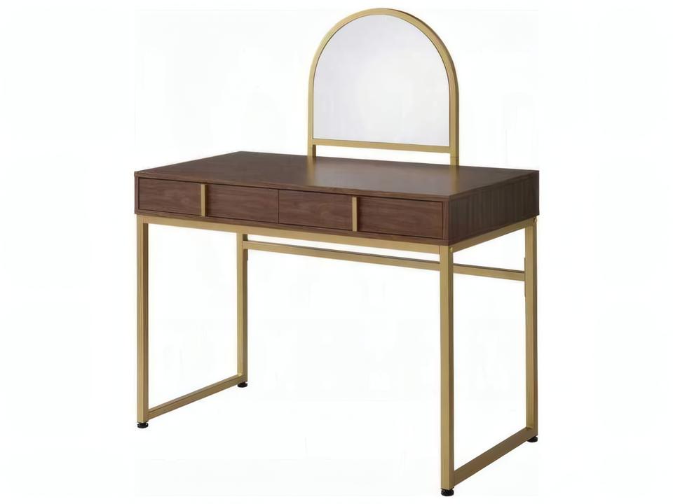 Coleen 2-Drawer Vanity Desk with Mirror in Walnut and Gold