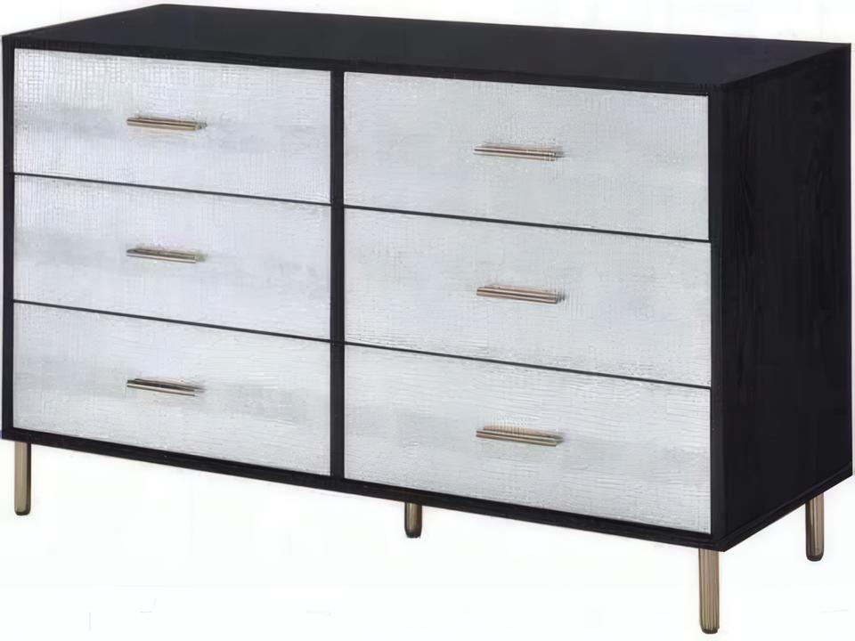 Myles 6-Drawer Dresser in Black Silver and Gold with Faux Alligator Print