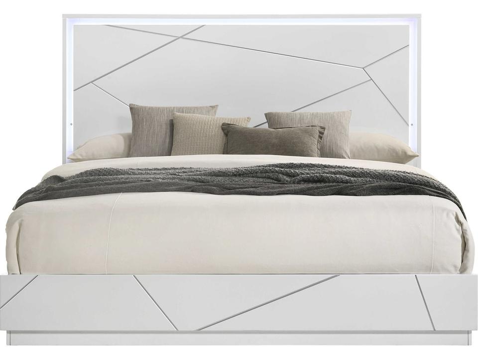 Esther Eastern King Bed with LED and Storage in White and Silver High Gloss