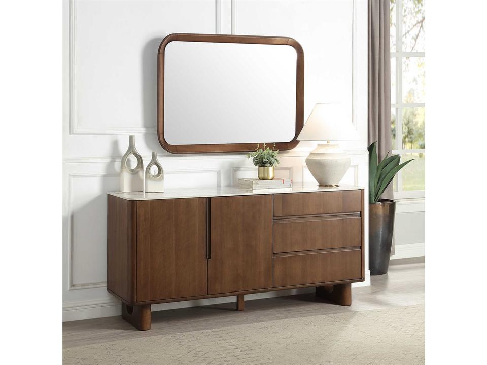 Harvey Rubberwood Brown Sideboard & Mirror Set