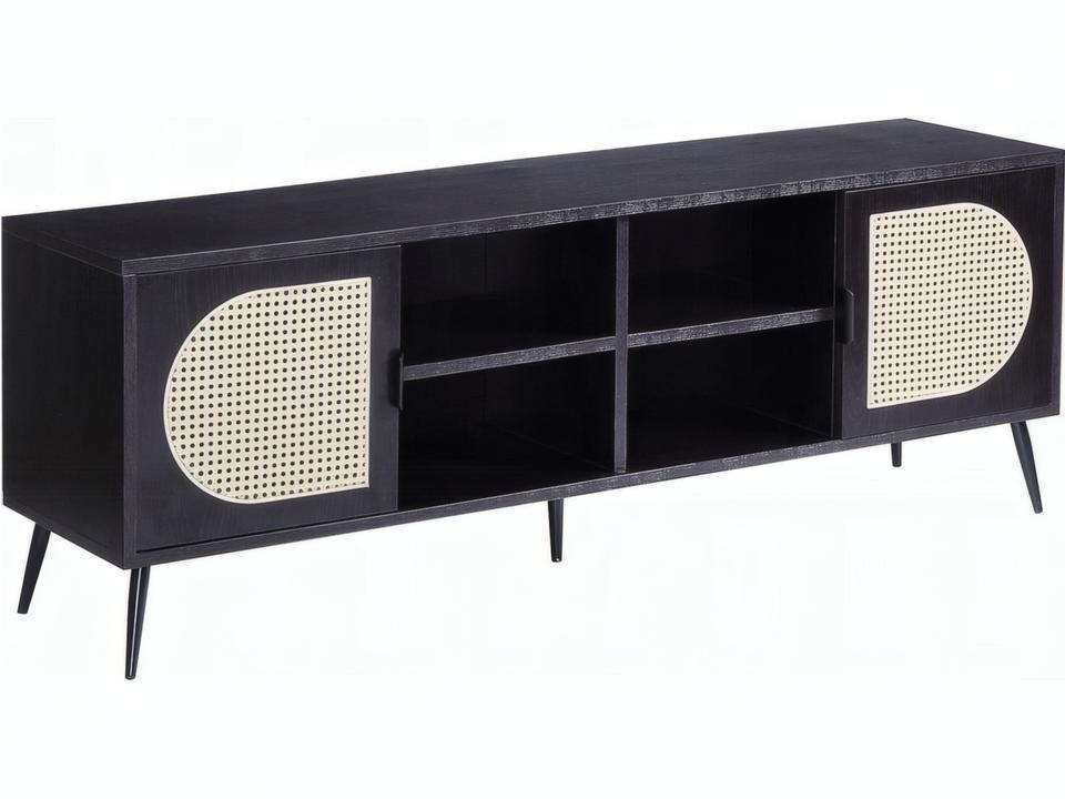 Colson Black Wood Media Console TV Stand with Rattan Inserts