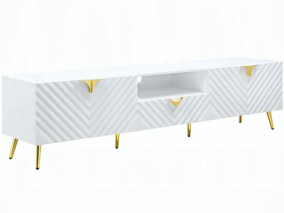 Gaines 79-Inch Contemporary TV Stand in High Gloss White and Gold